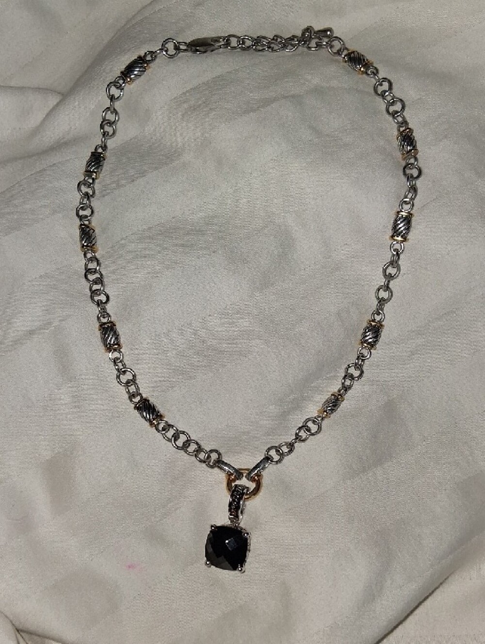 Two-Tone Silver & Gold Chain Necklace with Black Gem Pendant - Picture 2 of 5